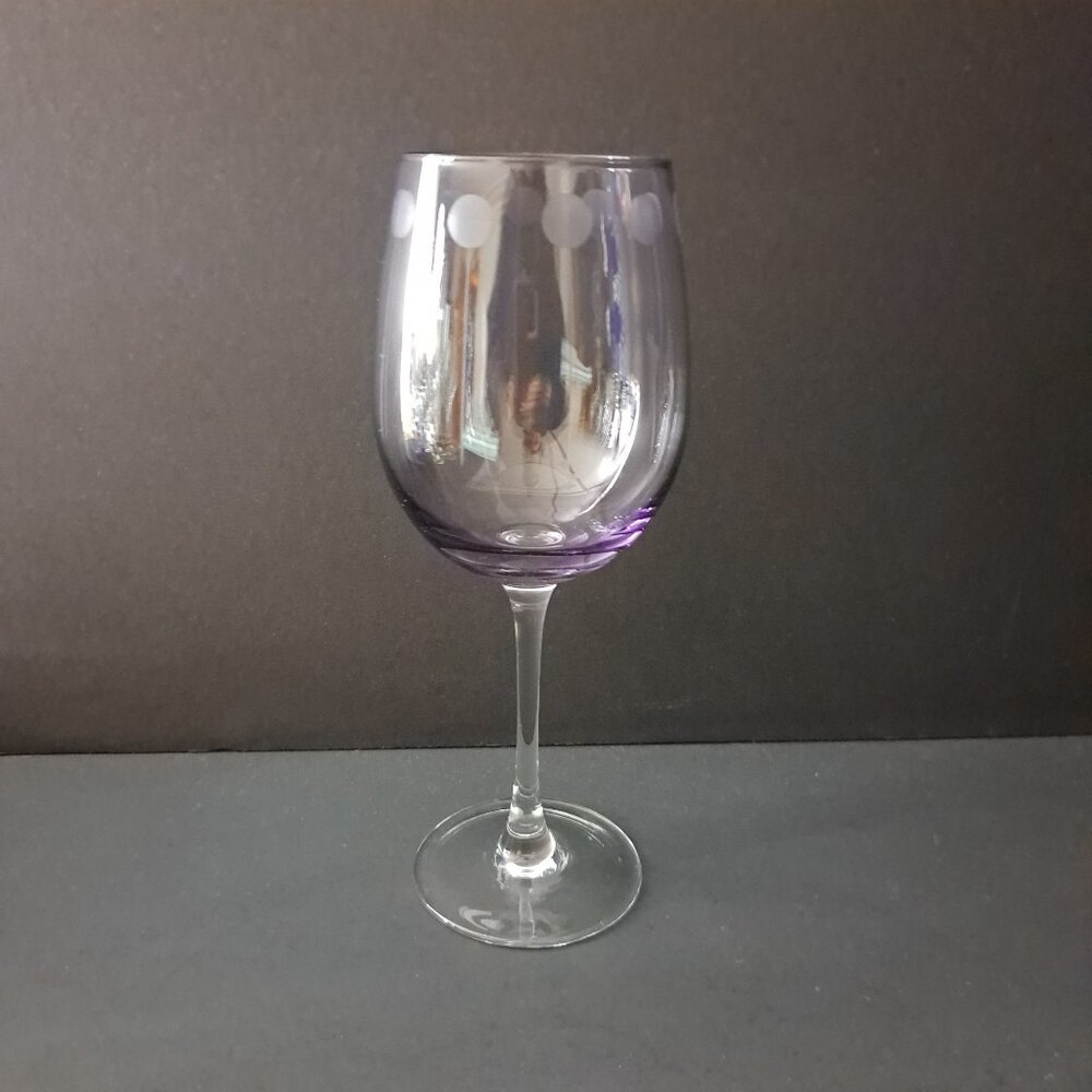 Mikasa Cheers Pastel White Wine Glass 8.75" Purple Bowl Etched Polka Dot Design